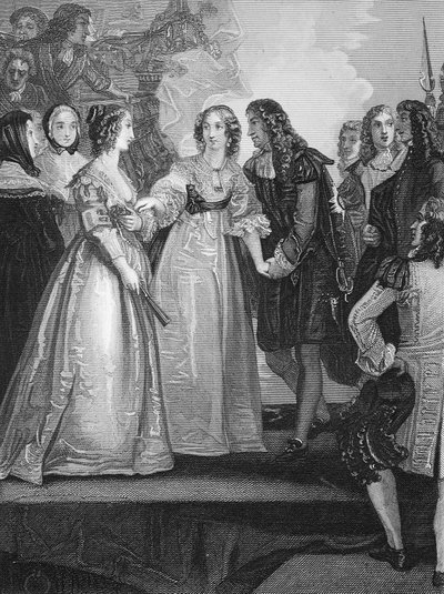 Carlos II recibiendo a la duquesa de Orleans en Dover, grabado por A.H. Payne de Thomas Stothard